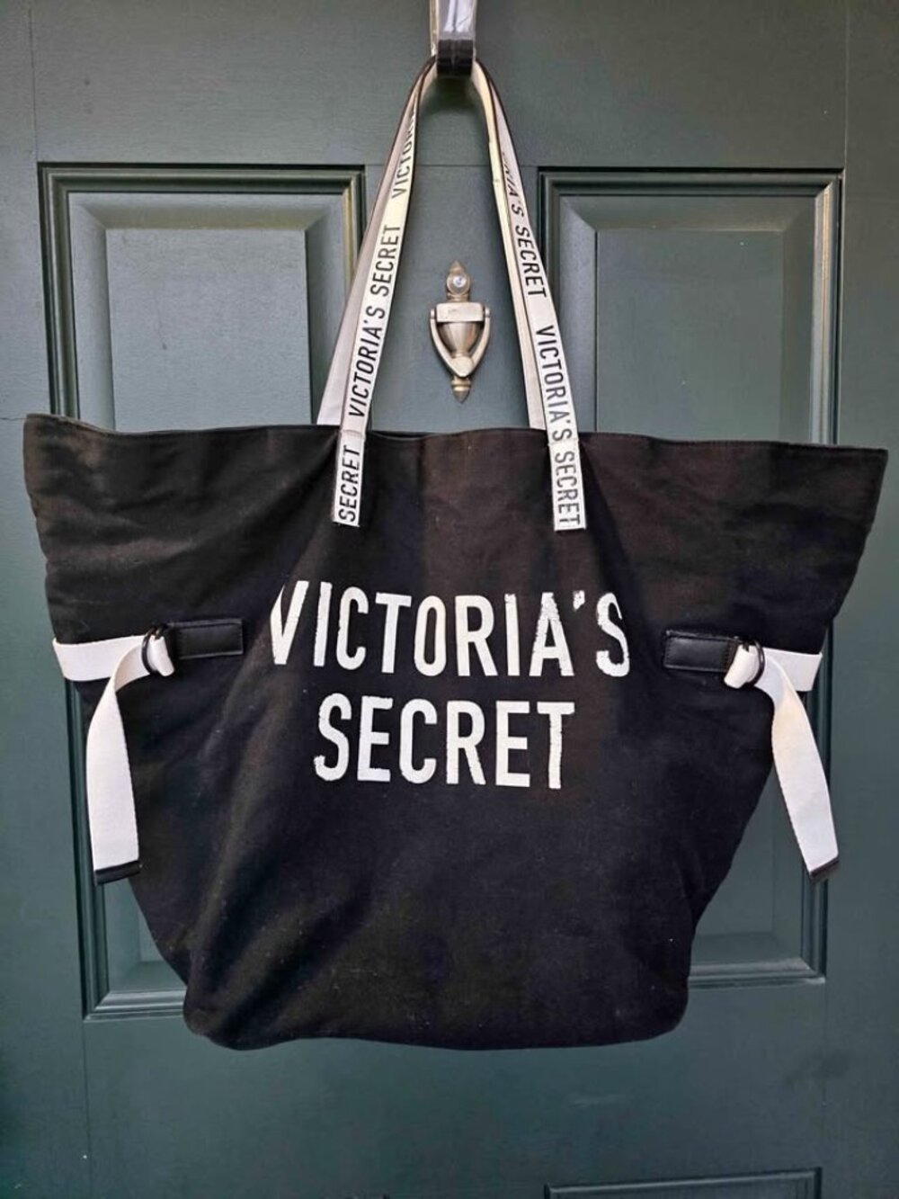 Victoria's Secret Black Canvas Tote Bag White Logo Branded Webbing Straps Large